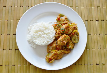 spicy stir fried fish ball eggplant and chili with plain rice