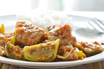 spicy stir fried fish ball eggplant and chili with rice