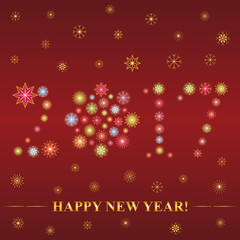 2017 made of snowflakes. Hand Drawn Colorful Shinning Snowflakes arranged in shape of 2017 on Dark Red with Golden Falling Snowflakes. Perfect for Festive design. vector illustration.