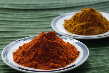 Still life of curry and masala powder on a banana leaf