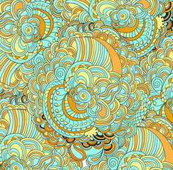 Raster pattern in white, orange, blue and yellow colors. Mandala. Kaleidoscopic design.