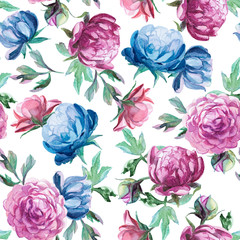pattern of peonies and leaves on white background