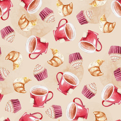 Fototapeta na wymiar Watercolor pattern of red teacup, cake and croissant