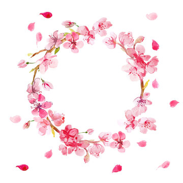 wreath of cherry flowers painted in watercolor