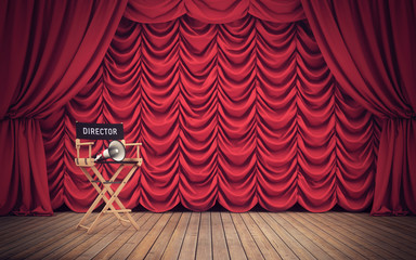 Obraz premium Director's chair on stage with red curtains. 3D rendering
