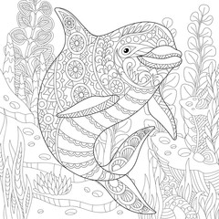 Stylized cute dolphin swimming among underwater seaweed. Freehand sketch for adult anti stress coloring book page with doodle and zentangle elements.