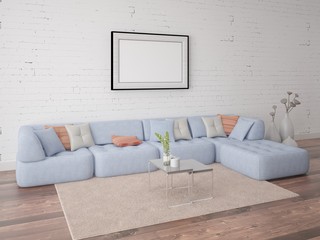 Mock up poster Living room with a stylish sofa on the brick wall background.