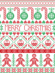 Scandinavian style and Nordic culture inspired Merry Christmas seamless card  in  winter pattern including gingerbread man, candy cane, bauble, Christmas Pudding,  in  stitch, in red , green 