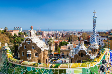 View of the entrance to the Park Guell by Antoni Gaudi. Barcelona, Catalonia, Spain