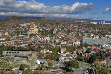 Naklejka premium Tbilisi city center aerial view from Narikala Fortress, Georgia