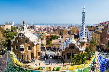 Fototapeta na wymiar View of the entrance to the Park Guell by Antoni Gaudi. Barcelona, Catalonia, Spain
