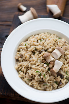 Close-up of risotto with cep boletus served in a glass plate