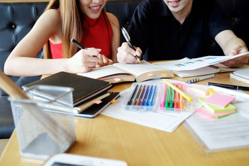 Education concept. Students studying and brainstorming campus concept. Close up of students...