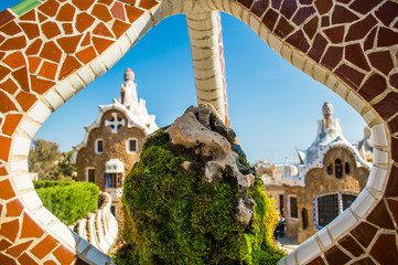 View of the entrance to the Park Guell by Antoni Gaudi. Barcelona, Catalonia, Spain - obrazy, fototapety, plakaty
