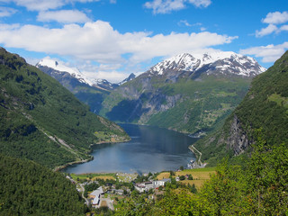 Fototapeta na wymiar View to Geiranger fjord and eagle road. Beautiful Nature Norway.