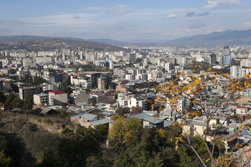 Tbilisi city center aerial view from the mountain Mtazminda, Tbilisi Georgia