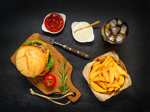 Fast Food Burger with Cola and French Fries