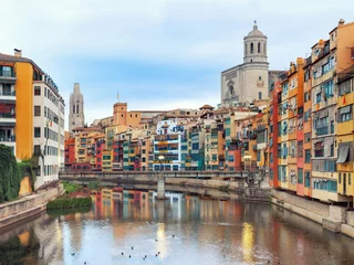 Poster historical jewish quarter in Girona, view of the river, Barcelona, Spain, Catalonia © lena_serditova
