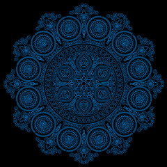 Delicate blue mandala pattern in boho style on black