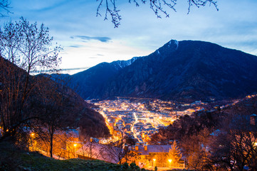 Andorra la Vella evening cityscape in Andorra la Vella, Andorra - obrazy, fototapety, plakaty