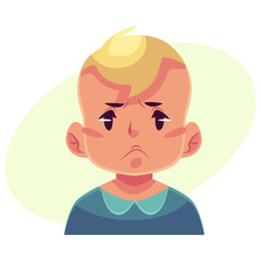 Little boy face, angry facial expression, cartoon vector illustrations isolated on yellow background. Blond male kid emoji face, feeling distressed, frustrated, sullen, upset. Angry face expression