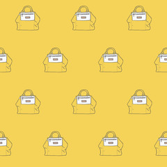 Seamless vector illustration with cute yellow handbags in a row in fashion stylish pattern. Hand drawn background, drawn with imperfections on yellow background.