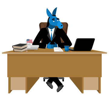 Blue Donkey Democrat sitting in office. Animal boss at table. Sy