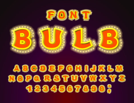 Bulb font. Glowing letters. Retro Alphabet with lamps. ABC point