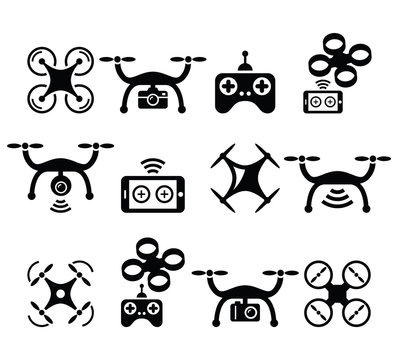 Drone quadcopter with camera and controller icons set 