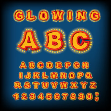 Glowing ABC. Light font. Retro Alphabet with lamps. font pointer