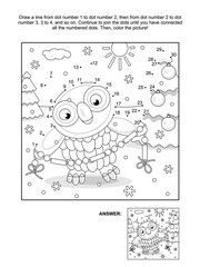 New Year or Christmas themed connect the dots picture puzzle and coloring page with owl trimming the tree with bead garland. Answer included.
