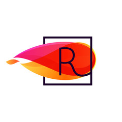 Fototapeta na wymiar R letter logo in square frame at fire flame background.