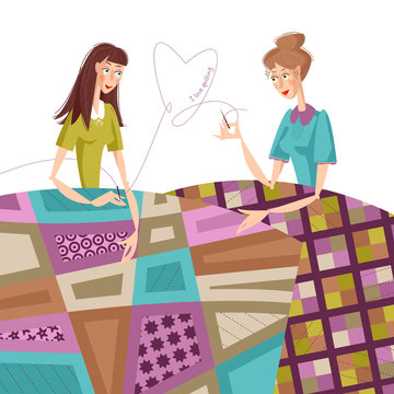 Two Women Make  Quilts. Patchwork. I Love Quilting.