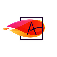 Letter A logo in square frame at fire flame background.
