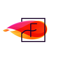 F letter logo in square frame at fire flame background.