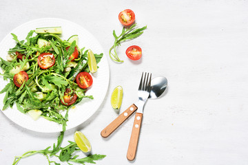 Green vegetarian salad with rucola. Template for diet recipe