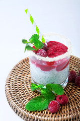 Raspberry dairy smoothie with mint and chia
