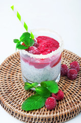 Raspberry dairy smoothie with mint and chia
