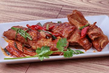 Close up of grilled chili  pork spare ribs curry.  Selective foc