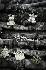 text merry christmas and rustic ornaments