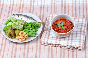 Spicy meat and tomato dip,Nam Prik Ong,with side dish