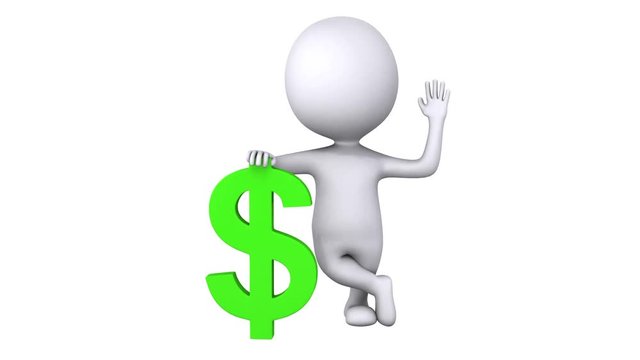 3d white man stand with green dollar sign. Wave hello. Render isolated on white screen chroma key. Money concept. Alpha matte included