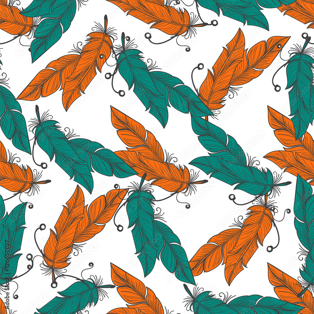 Wall mural boho seamless pattern with feathers. color feathers seamless texture vector illustration