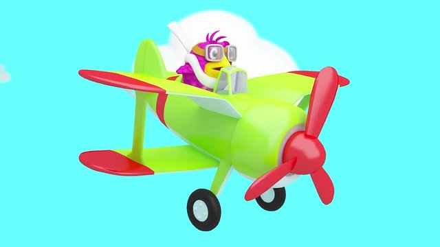 Cute lilac bird flying in clouds on green and red plane.  Looped comical 3D animation. Funny cartoon animal character. Animated digital drawn personage. Motion graphics for VJ loops and music clips. 