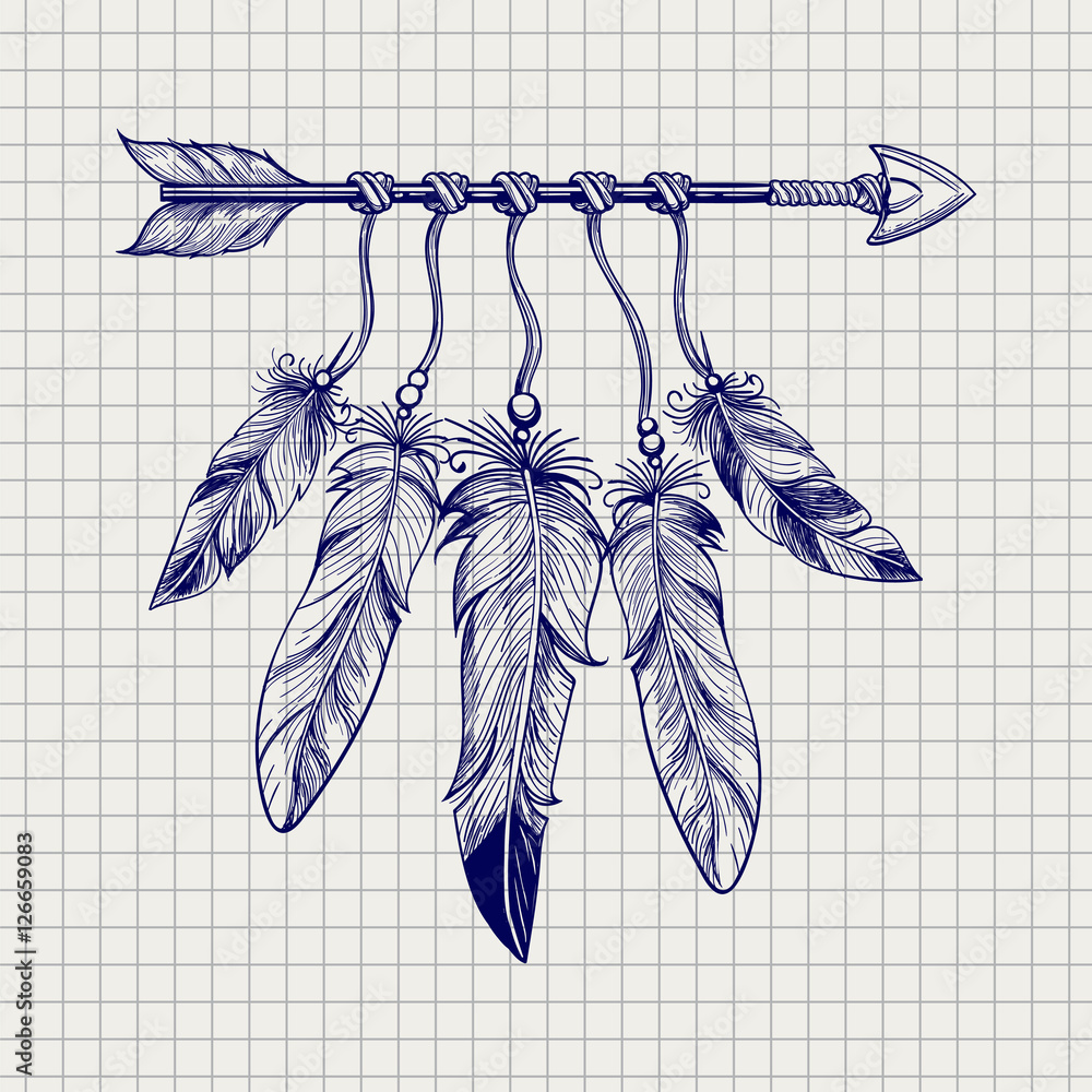 Wall mural ball pen sketch arrow with feathers on notebook page. vector illustration