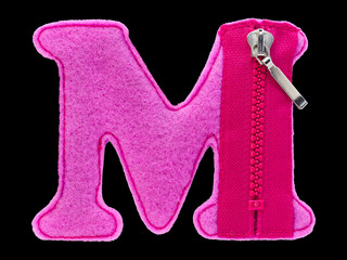 Letter M of the alphabet made of pink felt isolated on black background. Cyrillic (Russian) alphabet set. Font for children with educational pictures