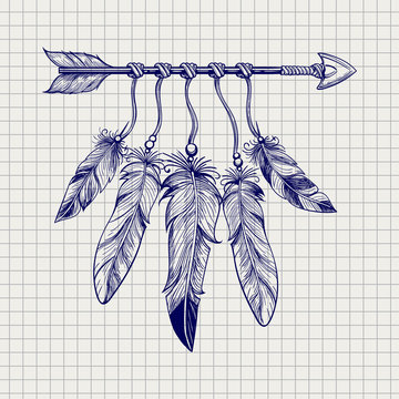 Ball pen sketch arrow with feathers on notebook page. Vector illustration
