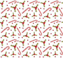 Christmas seamless background with holly and candy cane. Christmas background. Christmas seamless texture, wallpaper, fabric. Vector illustration;