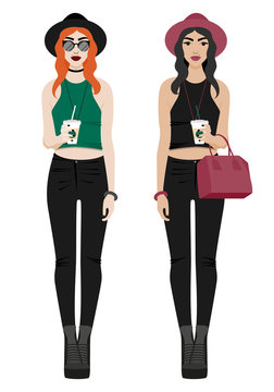 Vector illustration with hipster girl, geek glasses, hat in flat style.