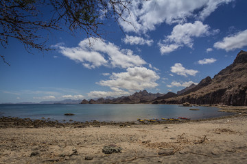 Baja beachscape with kayaks at water's edge